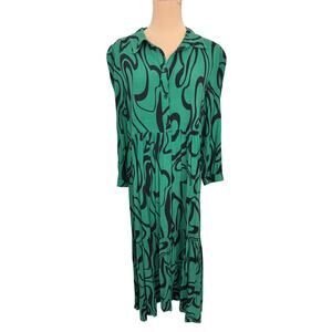 Zara Women’s Large Green Abstract Swirl Print Tiered Button Shirt Dress